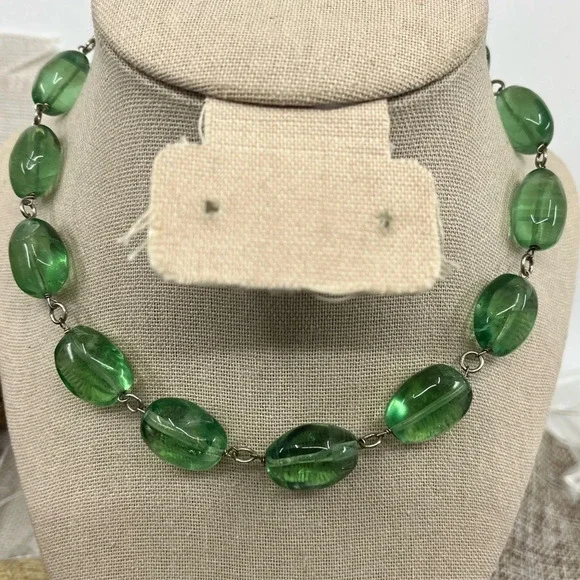 Vintage Signed Gerard Yosca Green Stone Necklace & Blue Chalcedony Pendant - Picture 2 of 16